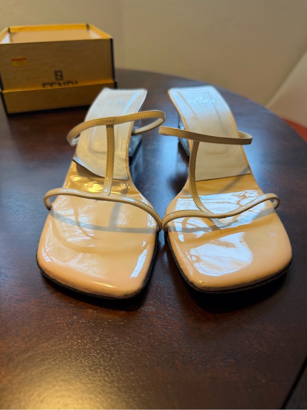 Fendi Nude Patent Leather Strappy Clear Block Heel Sandals Vintage Y2K - Picture 2 of 9